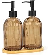 2 Pack Stripe Glass Soap Dispenser with Black Plastic Pump &amp; Bamboo Tray, 400ml Liquid Hand Soap ...