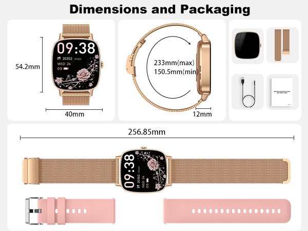 Text reads 'Dimensions and Packaging'. Technical diagram showing product measurements and specifications for a smartwatch, including 40mm case size and 256.85mm total length.
