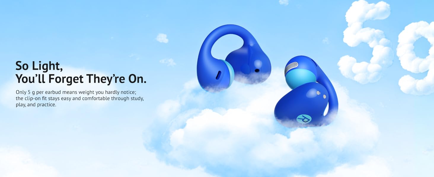 Ultra-lightweight 5g clip-on earbuds on scale for barely-there feel.