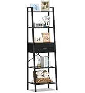 Furologee 5 Tier Bookshelf, Ladder Shelf with Drawer, Tall and Narrow Bookcase, Storage Shelves O...