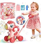 Pink unicorn bubble machine toy with wheels. Product box, bubble solution bottle, and demonstration of toy producing bubbles are shown. For ages 3 and up.