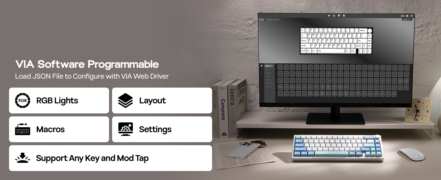 Software interface screenshots showing VIA configuration program with various settings menus and keyboard customization options.