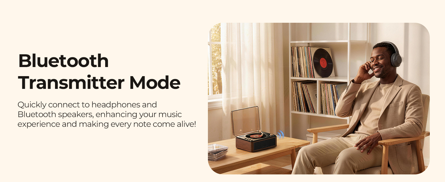 Text reads 'Bluetooth Transmitter Mode'. Image shows person in tan sweater seated in armchair using device, demonstrating audio transmission functionality in home setting.