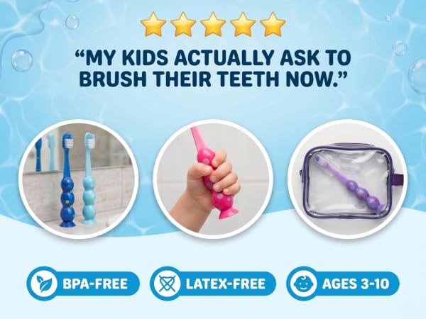4 colorful kids&amp;#39; toothbrushes; BPA-free, latex and phthalate free, safe for ages 3–10