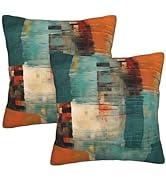 Yopiiefa Abstract Teal Green and Orange Throw Pillow Covers 18x18 Set of 2 Messy Rust Painting De...