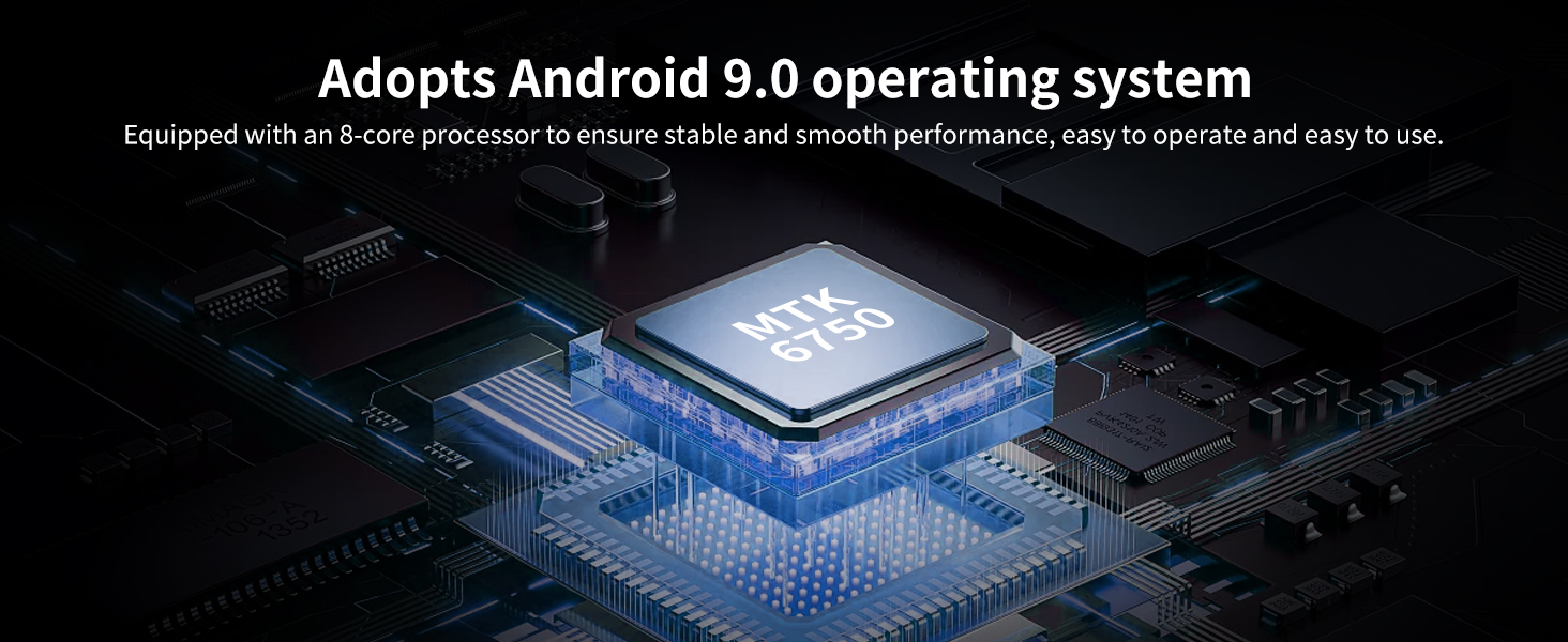 Circuit board with processor chip. Text overlay: 'Adopts Android 9.0 operating system'.