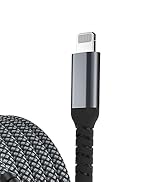 Lightning connector cable with metallic gray tip and black textured grip. Braided black and gray cord visible in foreground.
