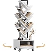 7 Tier Tree-Shaped Rotating Bookshelf, Double Sided, Small Bookcase with Storage Cabinet, Modern ...