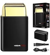 Text reads 'HIGEN PRO'. Electric shaver set including gold-colored foil shaver unit, charging base, and accessories shown both as product and retail package.