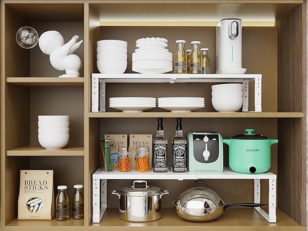 Expandable Kitchen Cabinet Shelf Organizers, Stackable Metal Pantry Storage Shelves Rack