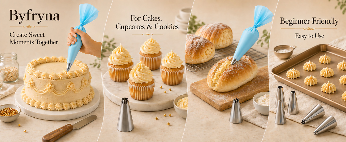 Byfryna cake decorating kit for cakes, cupcakes and cookies with piping bags