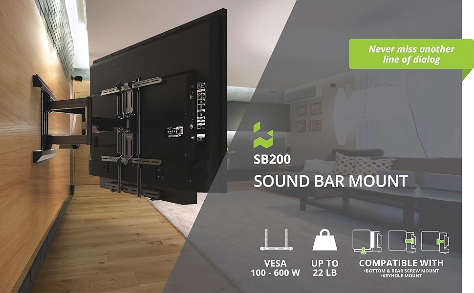 Kanto SB200 sound bar mount attached to a TV in the living room, VESA 100-600W, holds up to 22 lb