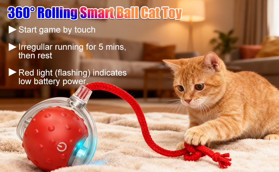 2Pcs Interactive Cat Toys Ball, Smart Automatic Rolling Electric Dog Ball Toy with Rope for Pets