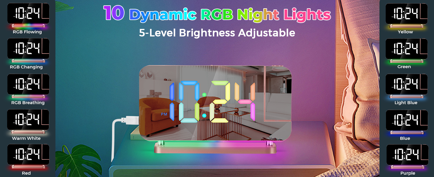 led mirror digital alarm clock with rgb night light