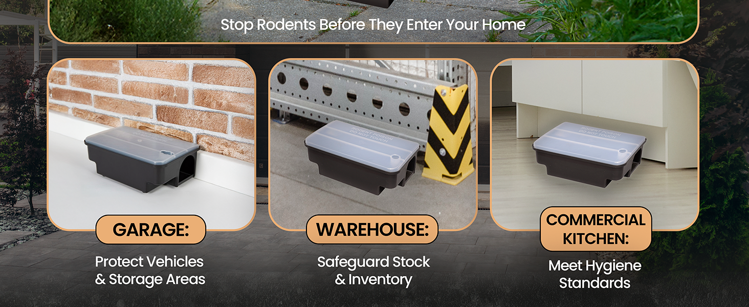 Outdoor rat trap used in garage warehouse and kitchen to help deter rodents indoors and out
