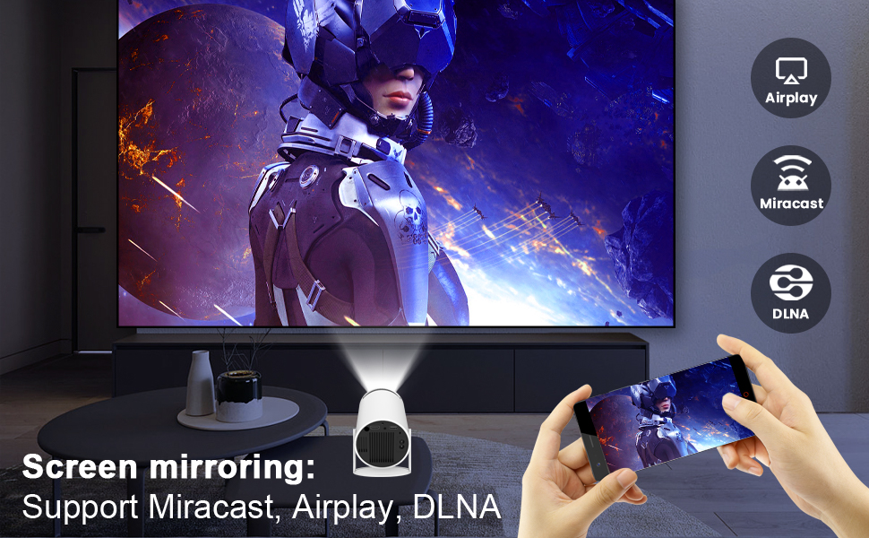 Screen mirroring setup with game displayed on TV. Handheld device used as controller. Icons show support for Miracast, Airplay, and DLNA.