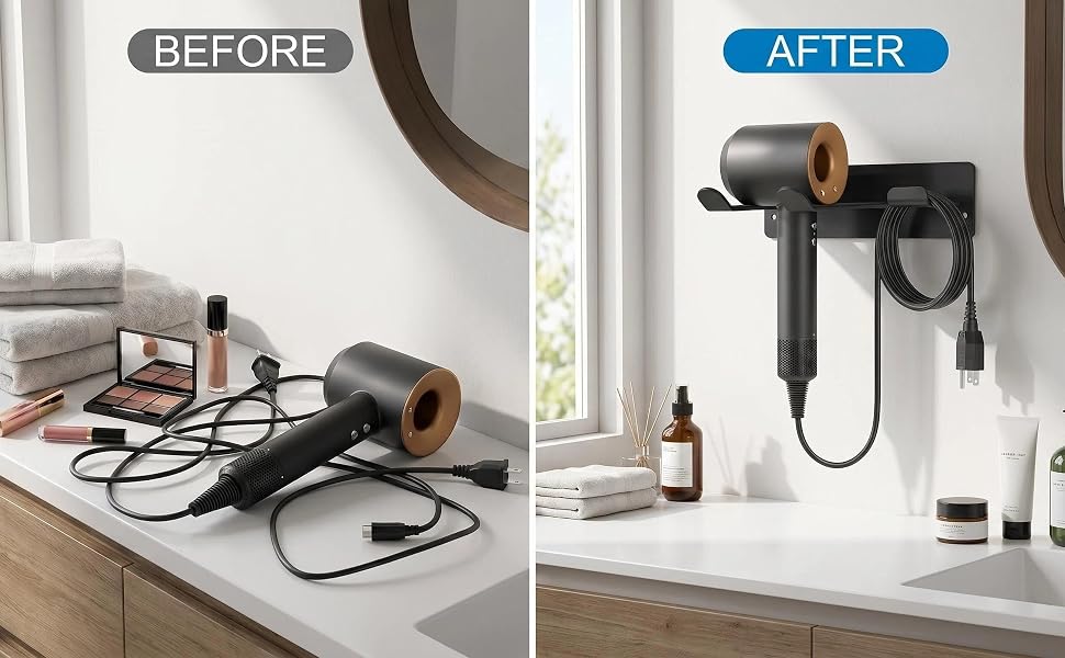 Split image labeled 'BEFORE' and 'AFTER' showing cable management transformation using black cylindrical organizers on desk workspace.