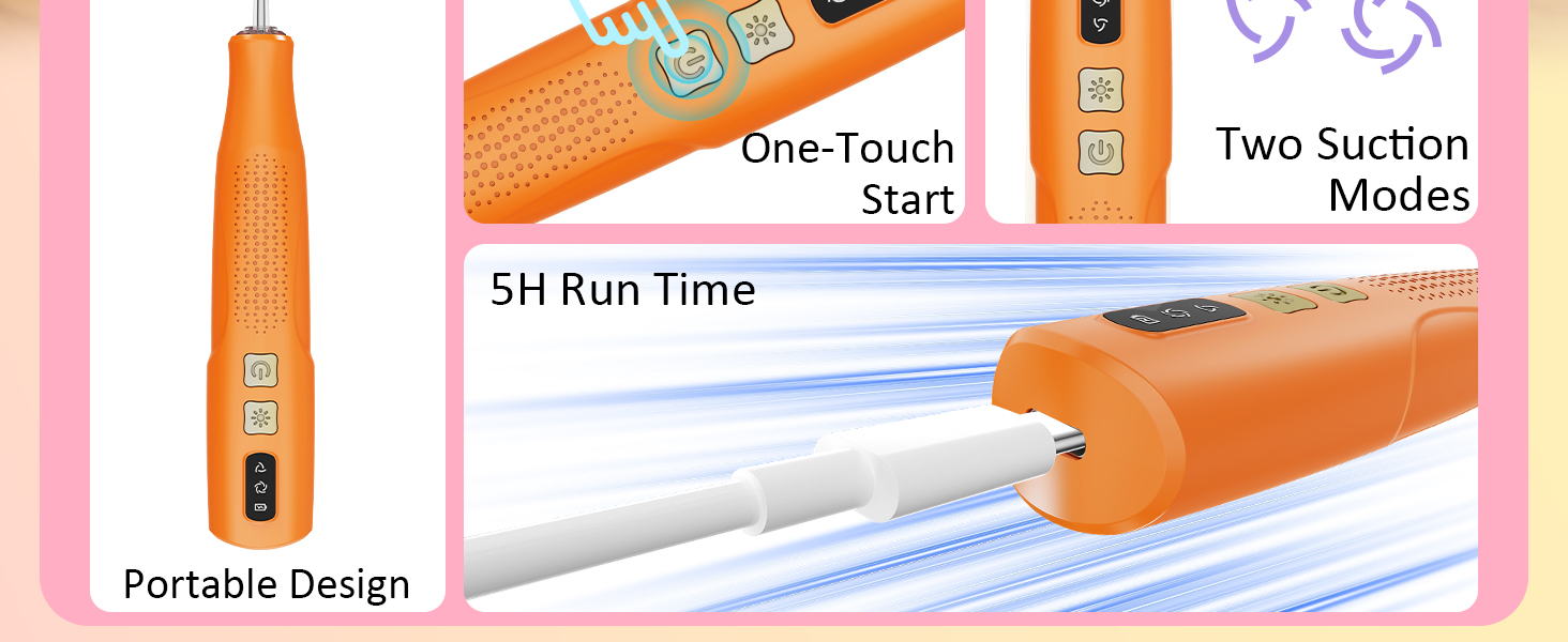 Text reads 'One-Touch Start', '5H Run Time', 'Portable Design', 'Two Suction Modes'. Orange handheld device with white application tip shown with product feature callouts and usage demonstrations.