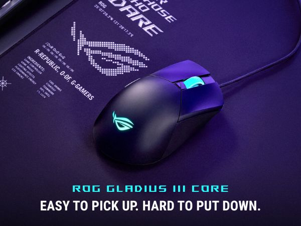 ASUS ROG Gladius III Core with RGB lighting on a mouse pad