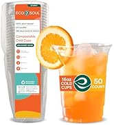 ECO SOUL 50 Pack Compostable Party Cups 16 oz Plant-Based Disposable Clear Cold Cup for Wine, Cof...