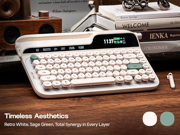 Text reads 'Timeless Aesthetics' and 'Retro White, Sage Green, Total Synergy in Every Layer'. Vintage-style mechanical keyboard with white keycaps and sage green accents on wooden surface.