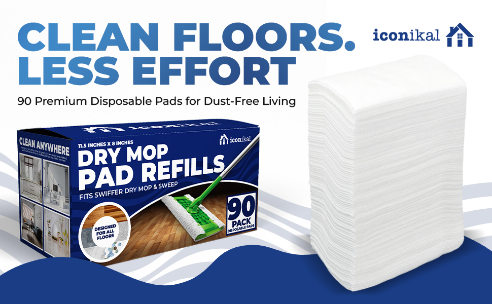 Iconikal 90-Count Dry Dust Mop Refill Floor Pads, 11.5 x 8-in for Sweeping Cleaning Scrubbing