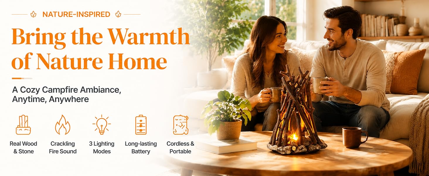 campfire lamp tabletop fire indoor outdoor decorative small large natural wood rustic cozy living