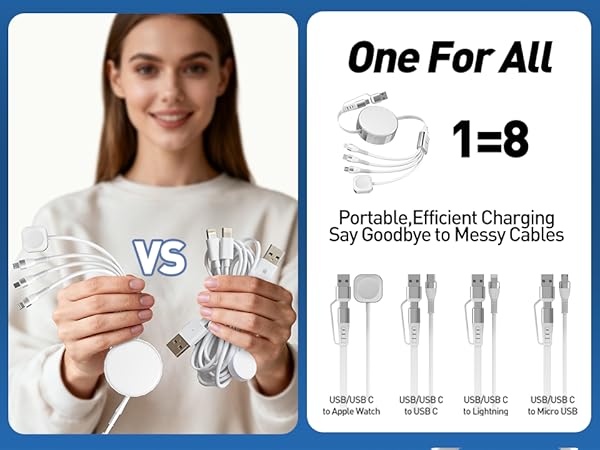 retractable multi charging cable for apple watch, all in one cable