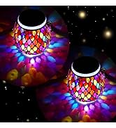 2 Pack Mosaic Red Solar Lanterns, Outdoor Glass Hanging Lights, Waterproof, Solar Table Lamps, Ch...