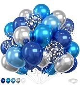 Blue Silver Balloons,12 Inch Metallic Blue Pearl Blue Silver and Silver Star Confetti Balloon wit...