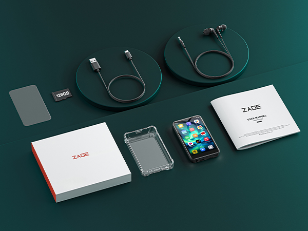 Product layout on dark green surface showing electronic devices, cables, and white packaging materials arranged in sequence.