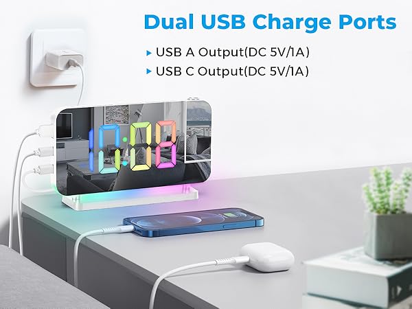 Projection Alarm Clock,7.4" LED Mirror Digital Clocks Large Display,with 180° Rotatable Projector