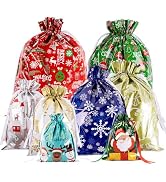 G2PLUS 20PCS Assorted Sizes Christmas Drawstring Gift Bags with Ribbon, 8 Designs Aluminum Foil B...