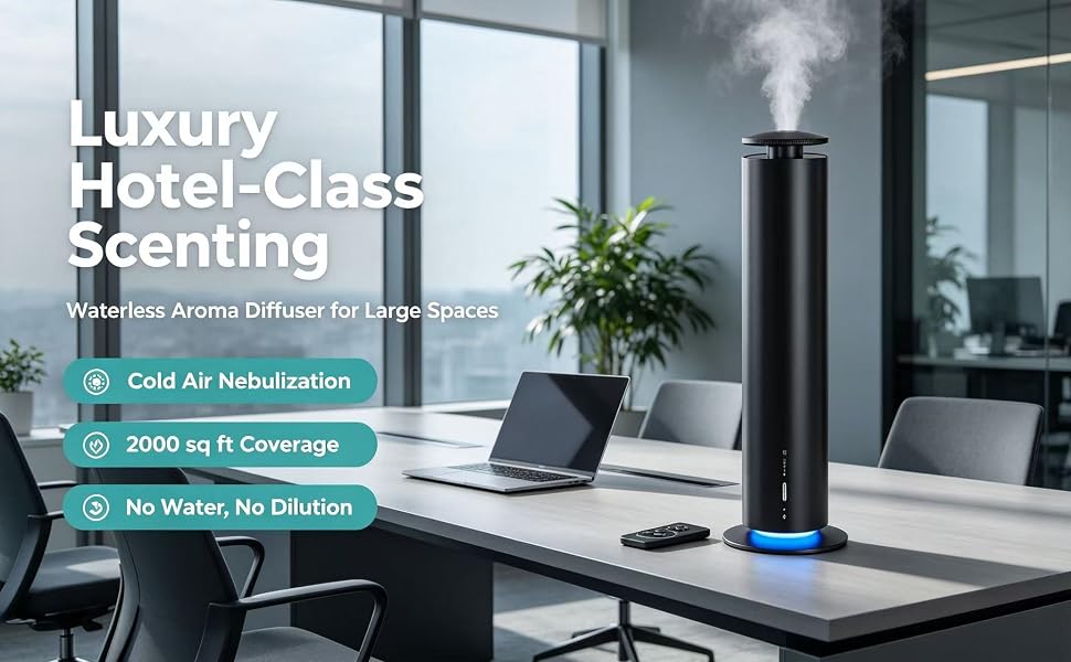 Text reads 'Luxury Hotel-Class Scenting', 'Waterless Aroma Diffuser for Large Spaces', 'Cold Air Nebulization', '2600 sq ft Coverage', 'No Water, No Dilution'. Black cylindrical diffuser with blue base on office desk with laptop and plant.