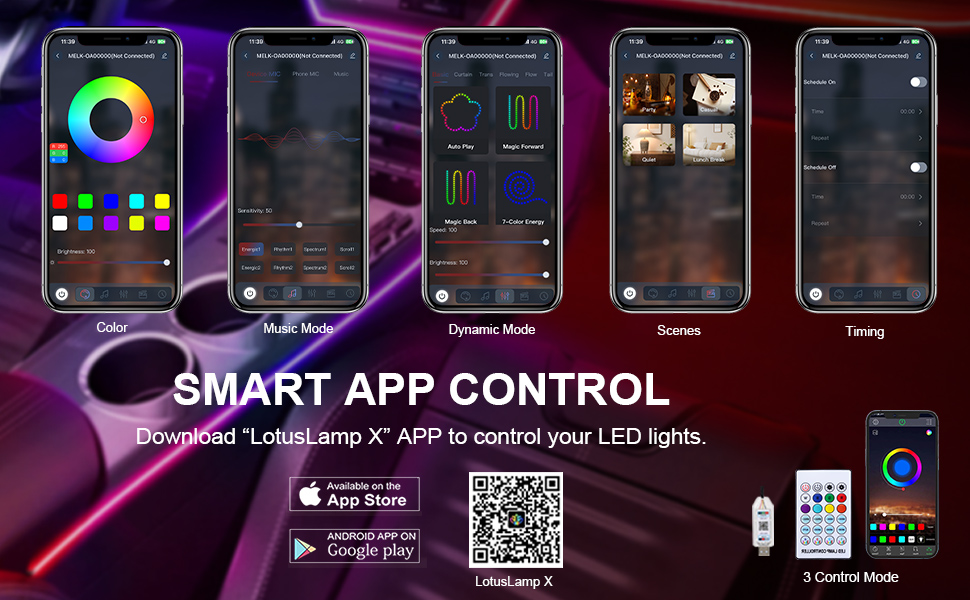 Smart app control interface displaying multiple phone screens with RGB color selection, music mode, and LED light control options with QR codes.