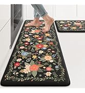 KIMODE Kitchen Mats Cushioned Anti Fatigue, Black Floral Kitchen Rugs Sets of 2, Padded Kitchen F...