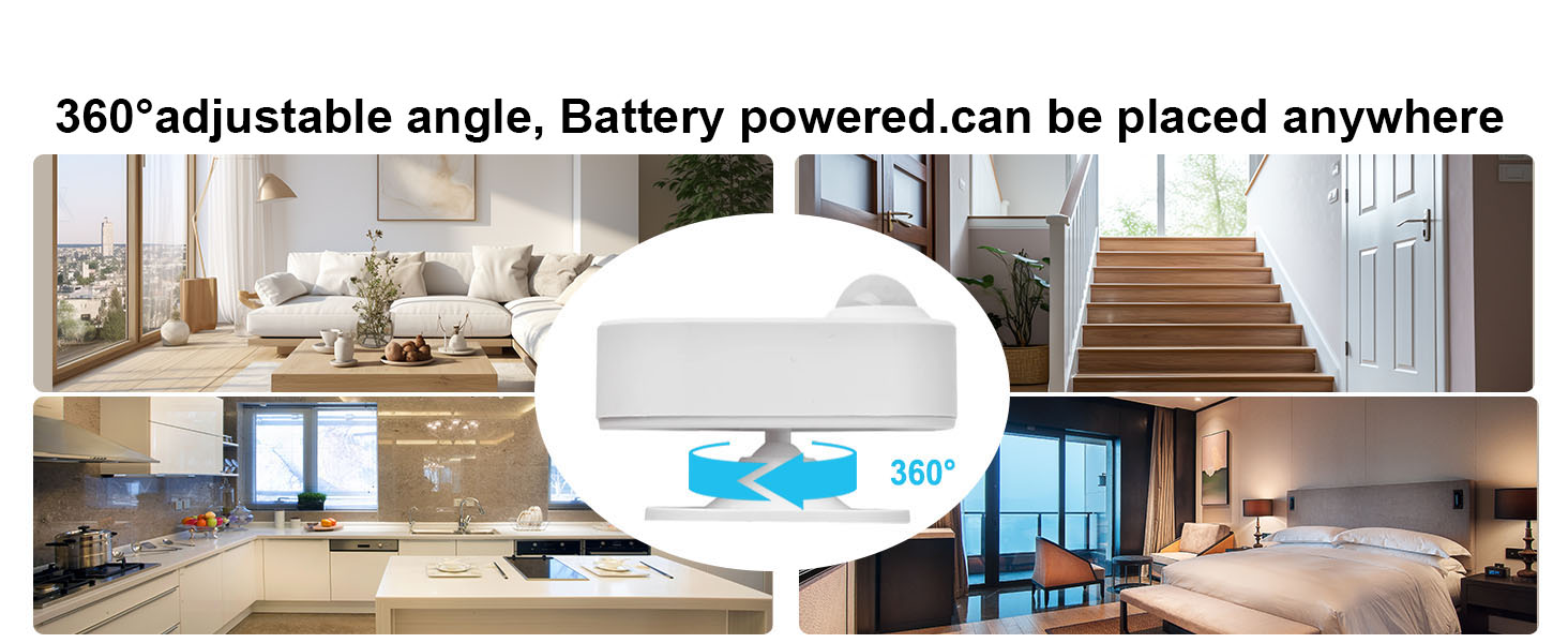 Battery-powered white device with 360-degree adjustable angle. Surrounded by images of various home settings, suggesting versatile placement options for lighting or monitoring.