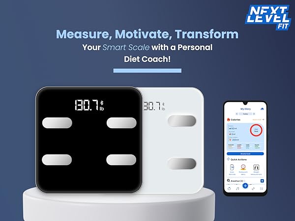 Black &amp; White Smart Scale for body weight with a girl holding mobile fitness app 