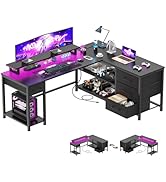 iabifo L Shaped Gaming Desk with USB Charging Ports and LED Lights, Reversible Corner Desk with D...