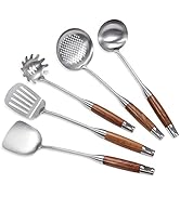 IQCWOOD Cooking Utensils Set, 5 Piece Wooden Utensils for Cooking, Stainless Steel Cooking Utensi...