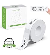 NELKO label tape product packaging and roll, featuring white tape with black text, includes product box and certification seal.