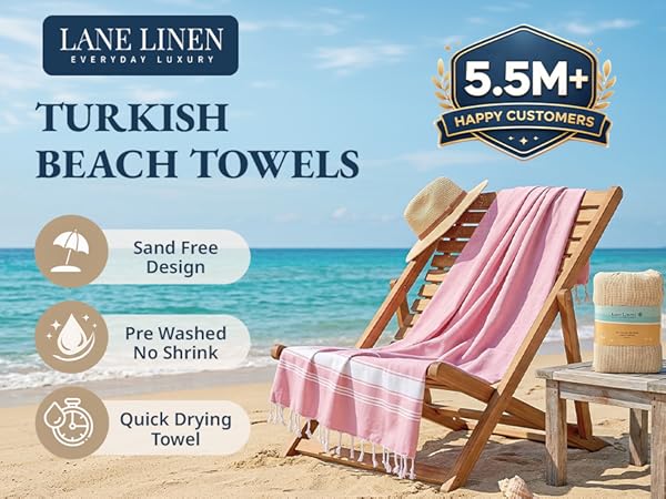 Lane Linen Turkish Beach Towels - Sand Free, Pre-Washed and Quick Drying