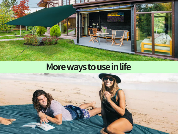 Split image: Top shows patio with green umbrella. Bottom shows people on beach blanket. Text reads 'More ways to use in life', suggesting versatile product use.