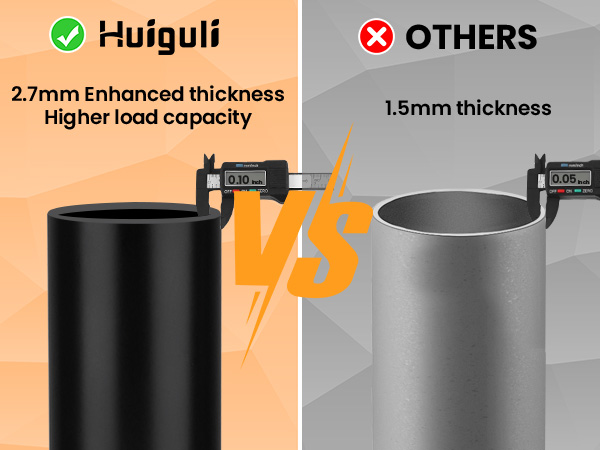 Comparison of two cylindrical containers. Left (Huiguli): black, 2.7mm thickness. Right (Others): silver, 1.5mm thickness. Digital calipers shown measuring thickness.