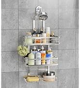 OMAIRA Shower Caddy Hanging with Soap Scrub Holder, Stainless Steel Adjustable No Drilling Non-Sl...