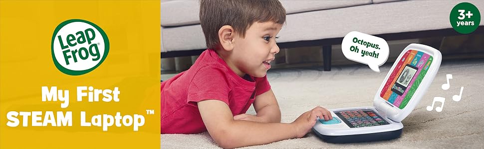 Kid learns with LeapFrog My First STEAM Laptop. Toy: Octopus. Oh yeah! 3+ years.
