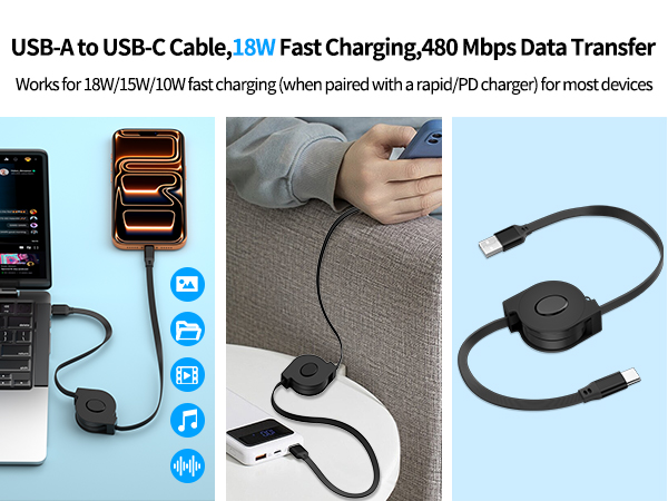 Retractable USB-A to USB C Carplay Cable