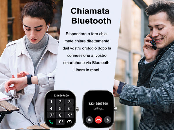 Smartwatch displaying phone interface for Bluetooth calls. Text explains feature for answering calls directly from the watch.