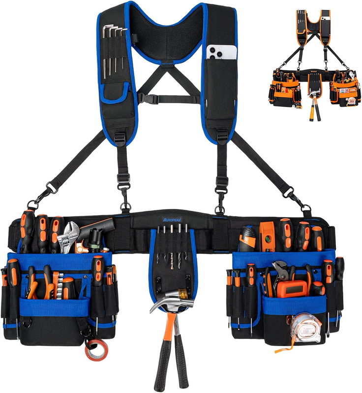 Tool Belt Suspenders, 33-Pocket Electrician Tool Belt, Tool Belts for Men with Detachable & Adjustable Tool Pouches Bag for Framers, Carpenter, Roofing, Contractor(33''-48'') Blue