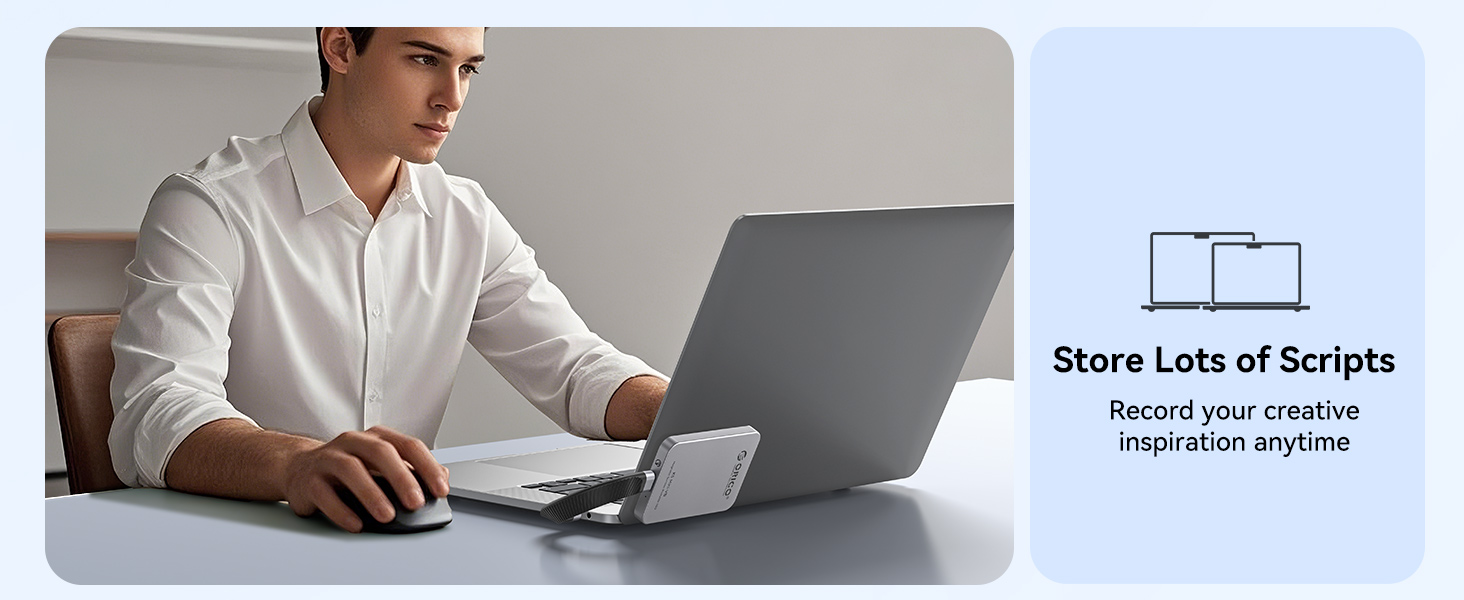 Text reads 'Store Lots of Scripts'. Professional setting showing someone working at laptop computer on desk with minimalist office setup.